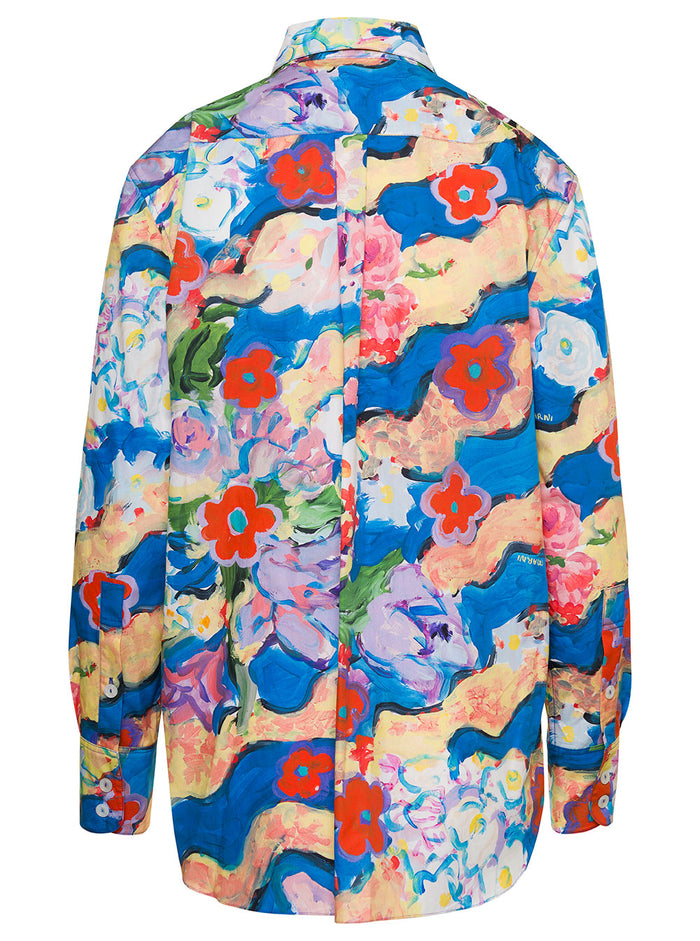 Multicolor Shirt With Artwork Print And Patch Pocket Cotton Woman Woven Blouses