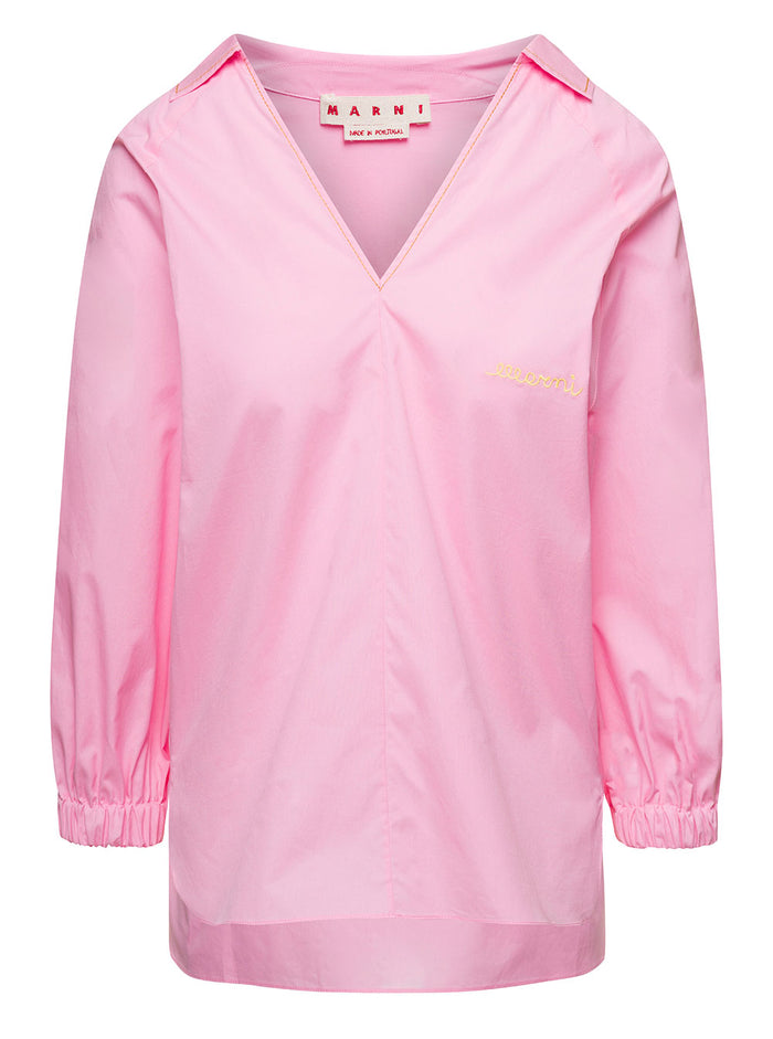 Pink V Neck Blouse With Logo Embroidery Cotton Woman Woven Shirts And Blouses