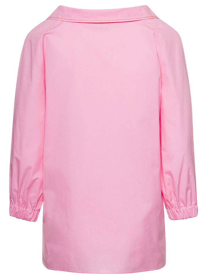 Pink V Neck Blouse With Logo Embroidery Cotton Woman Woven Shirts And Blouses