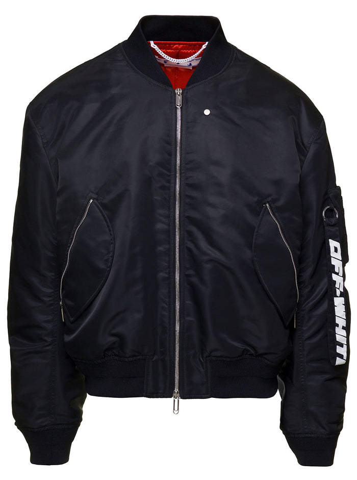Black Industrial Bomber Jacket With Logo On The Sleeve Polyamide Man