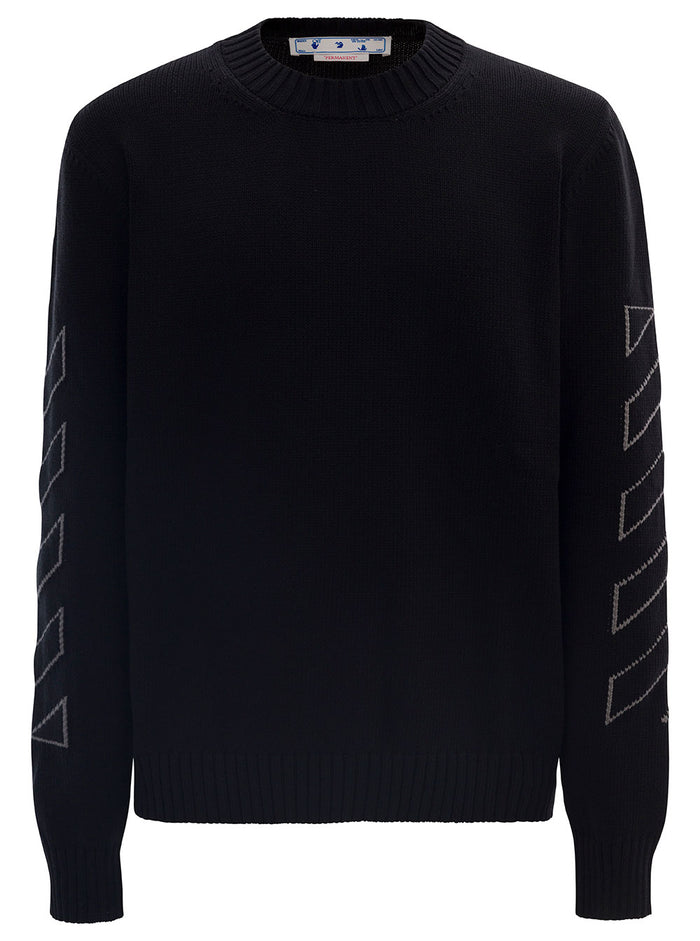 Black Crewneck Sweater With Intarsia Diag Motif Along The Sleeves Cotton Blend Man Polyamide Jersey