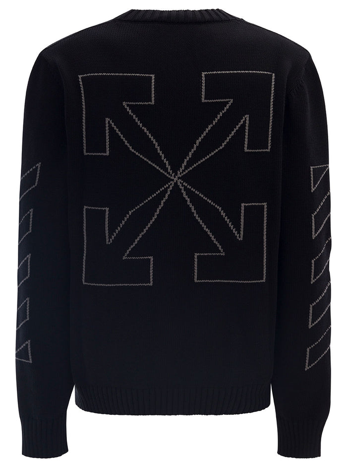 Black Crewneck Sweater With Intarsia Diag Motif Along The Sleeves Cotton Blend Man Polyamide Jersey