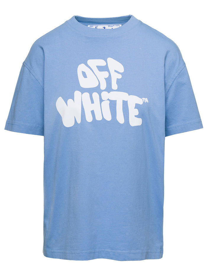 Light Blue T-Shirt With 70s Graffiti Logo Cotton Woman Tshirts And Polo Shirts