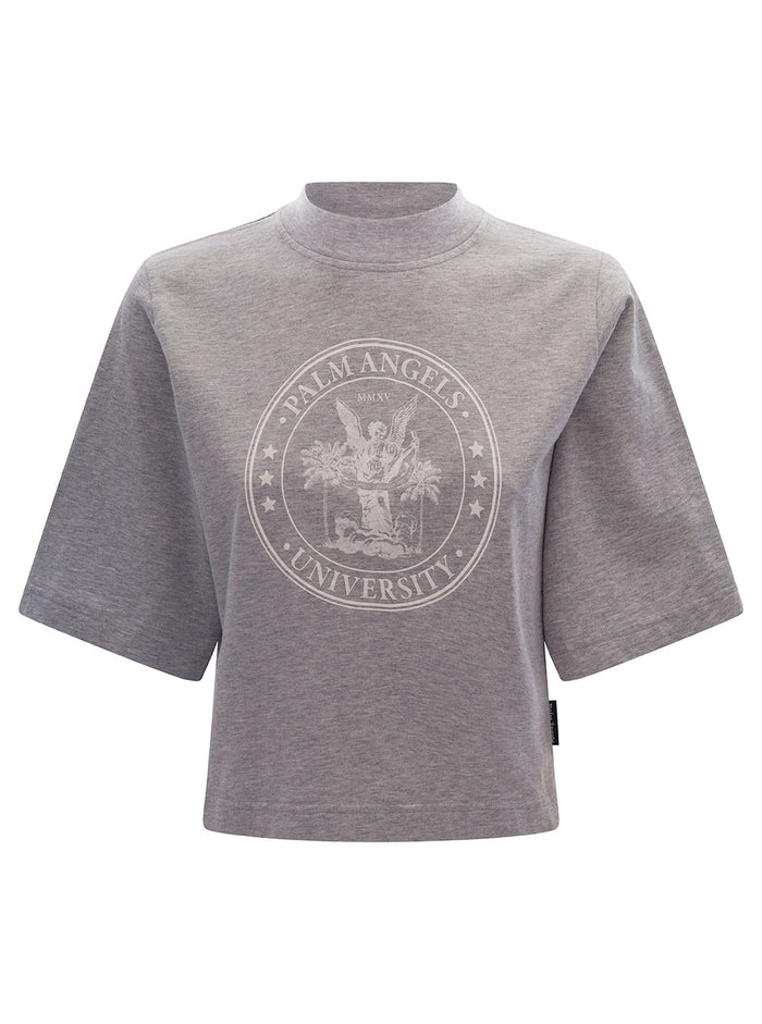 Grey Cropped T-Shirt With College-Style Logo Print Cotton Woman Tshirts And Polo Shirts