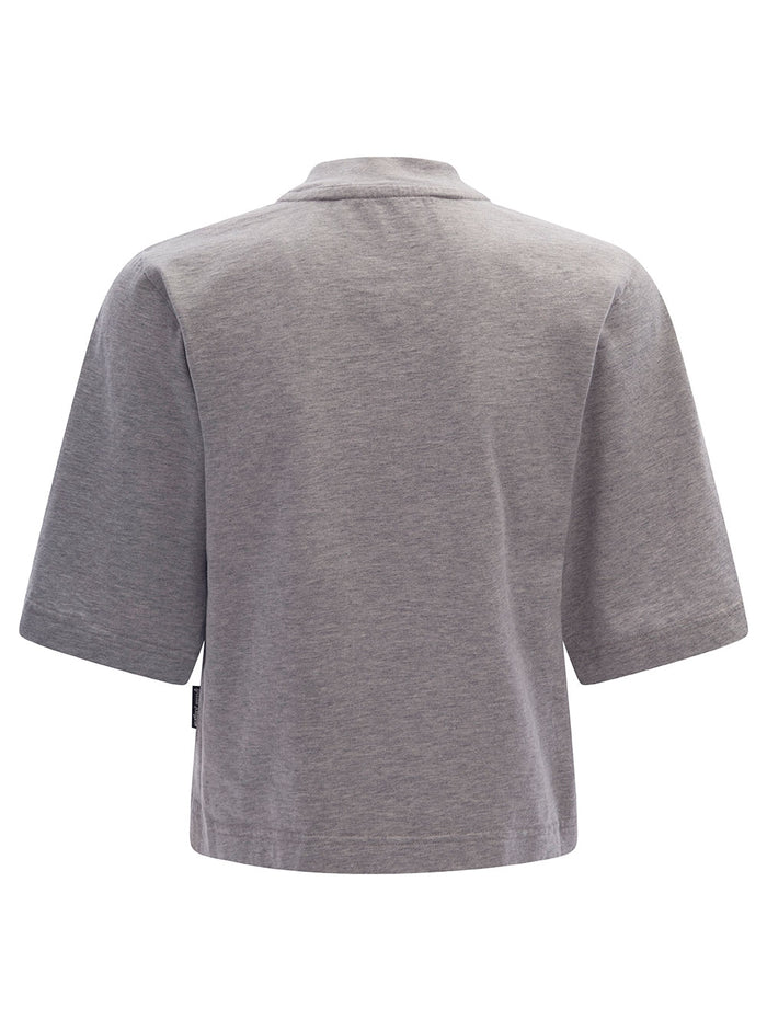 Grey Cropped T-Shirt With College-Style Logo Print Cotton Woman Tshirts And Polo Shirts