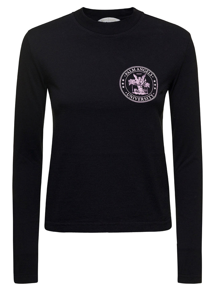 Black Long-Sleeve Top With College-Style Logo Cotton Woman Tshirts And Polo Shirts