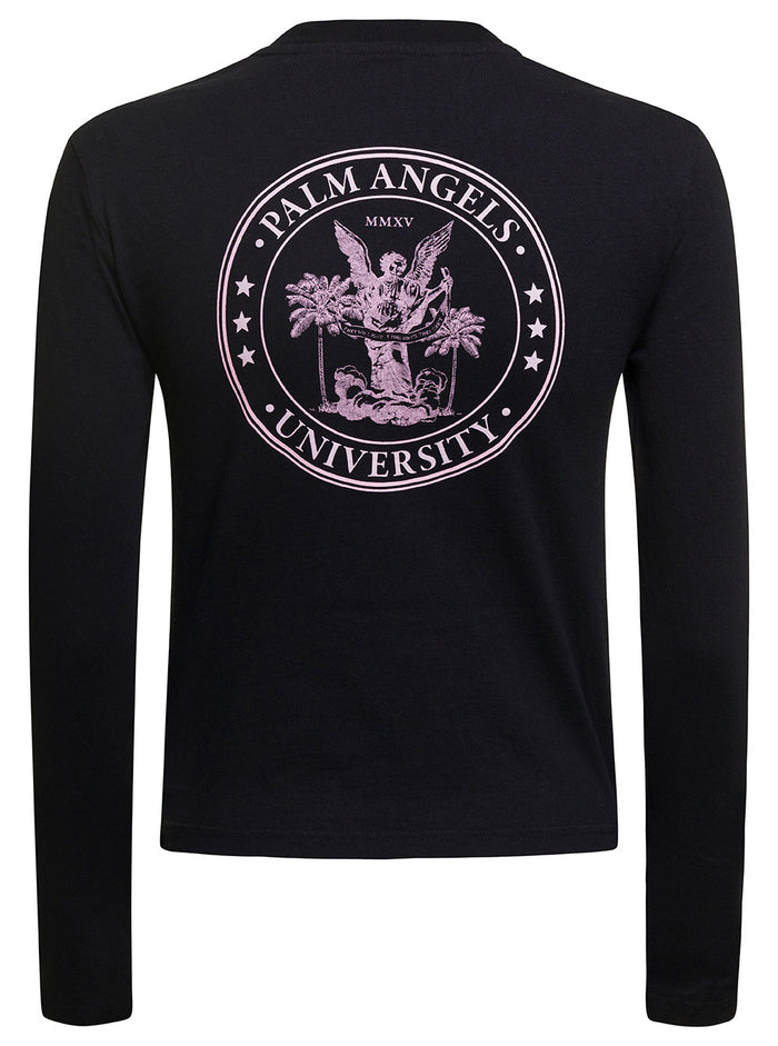Black Long-Sleeve Top With College-Style Logo Cotton Woman Tshirts And Polo Shirts