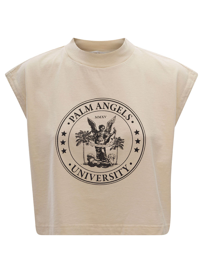 Beige Cropped T-Shirt With College-Style Logo Print Cotton Woman Tshirts And Polo Shirts