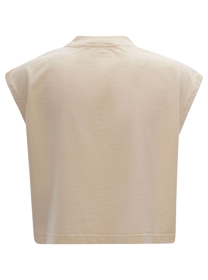 Beige Cropped T-Shirt With College-Style Logo Print Cotton Woman Tshirts And Polo Shirts