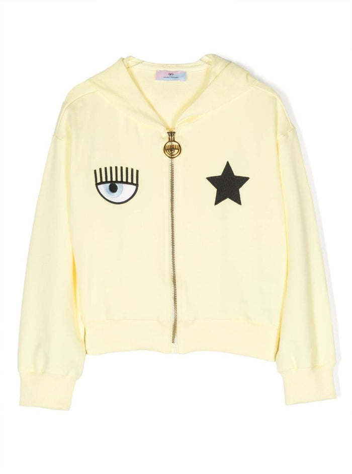 Light Yellow Zipped Hooded Jacket With Logo Print Cotton Girl Elastan Sweatshirts