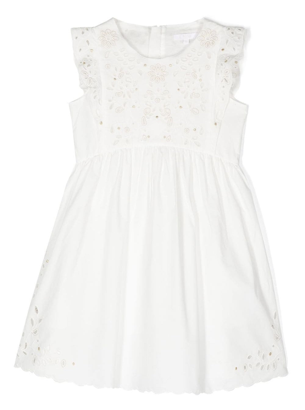White Sleeveless Dress With Floreal Embroidery Cotton Girl