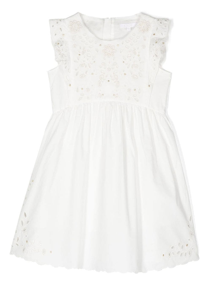 White Sleeveless Dress With Floreal Embroidery Cotton Girl