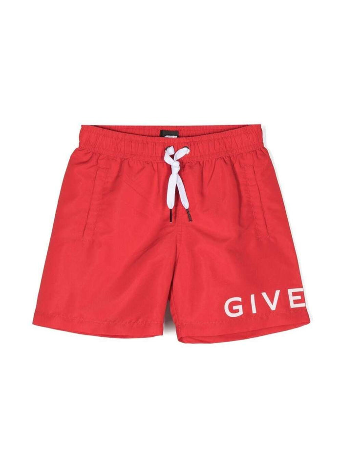 Red Swim Shorts With Logo Print Polyester Boy Beachwear