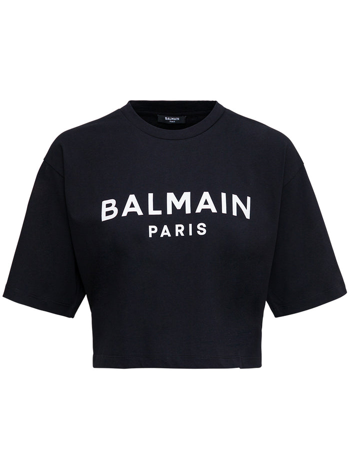 Black Cropped Cotton T-Shirt With Logo Print Tshirts And Polo Shirts