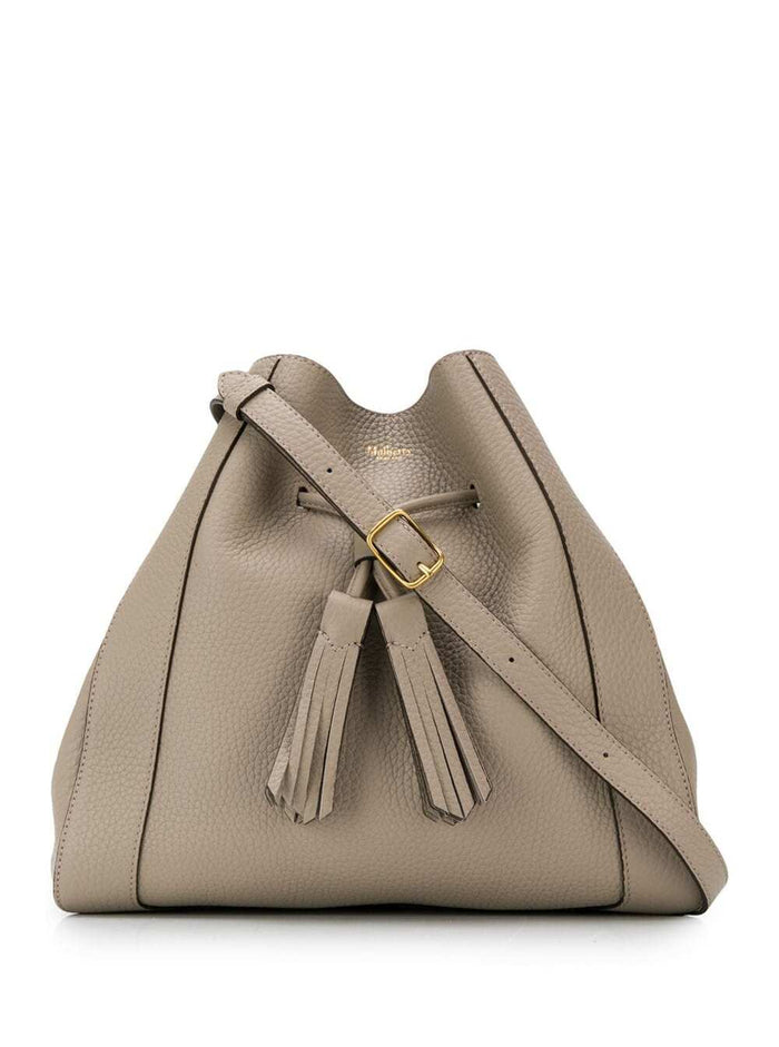 Grey Shoulder Bag With Drawstring And Tassels Full-Grain Leather Woman Bovine Crossbody