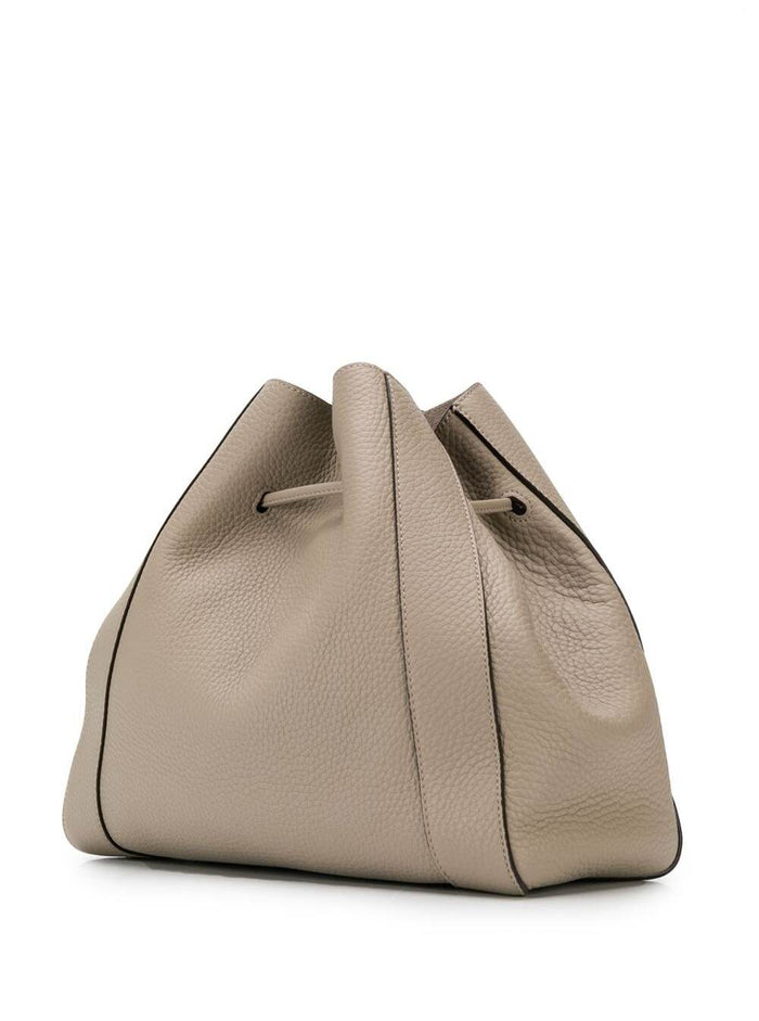 Grey Shoulder Bag With Drawstring And Tassels Full-Grain Leather Woman Bovine Crossbody