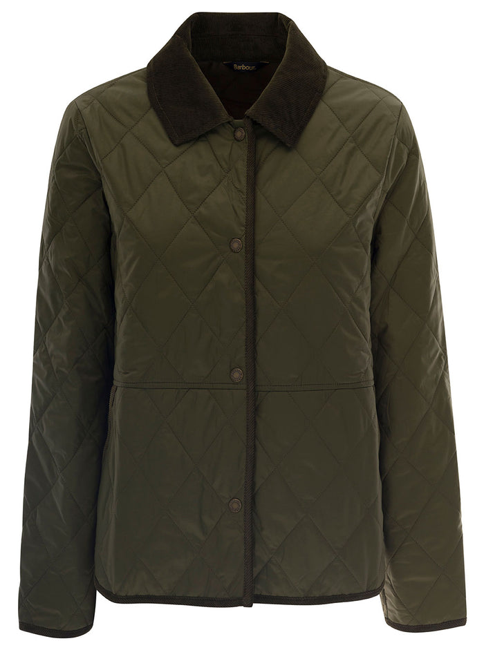 Khaki Green Diamond Quilted Jacket With Contrast Collar Polyamide Woman