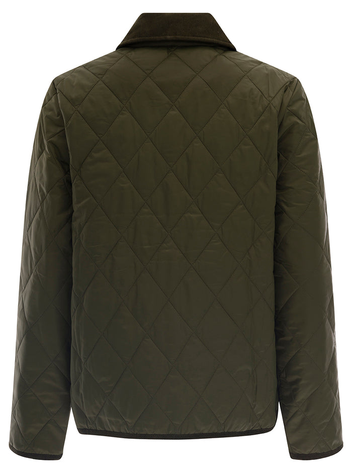 Khaki Green Diamond Quilted Jacket With Contrast Collar Polyamide Woman