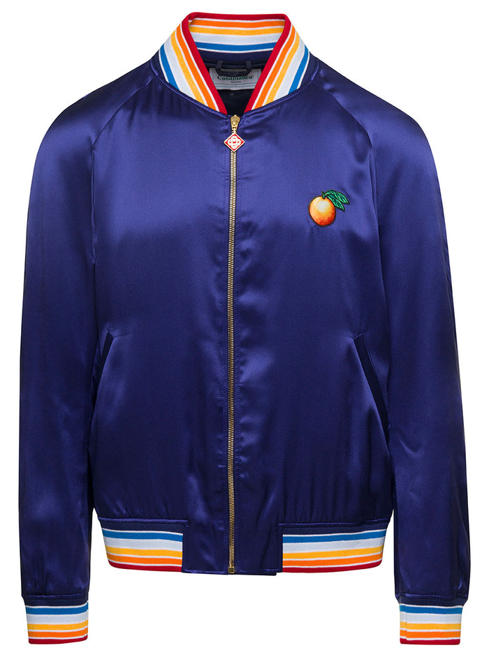 Casa Talisman Blue Bomber Jacket With Logo Patch And Striped Trim Viscose Man Blu