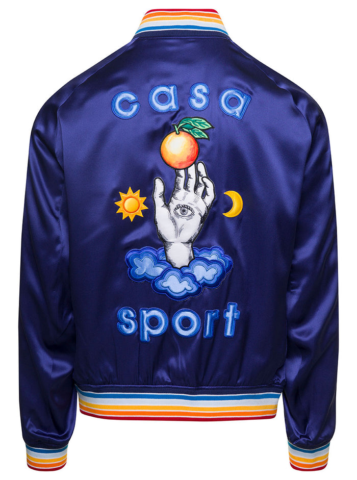 Casa Talisman Blue Bomber Jacket With Logo Patch And Striped Trim Viscose Man Blu
