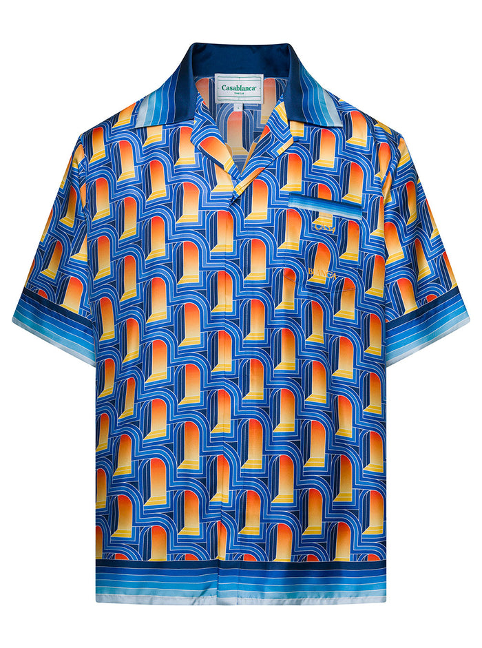 Multicolor Bowling Shirt With All-Over Arche De Nuit Print Silk Man And Blouses