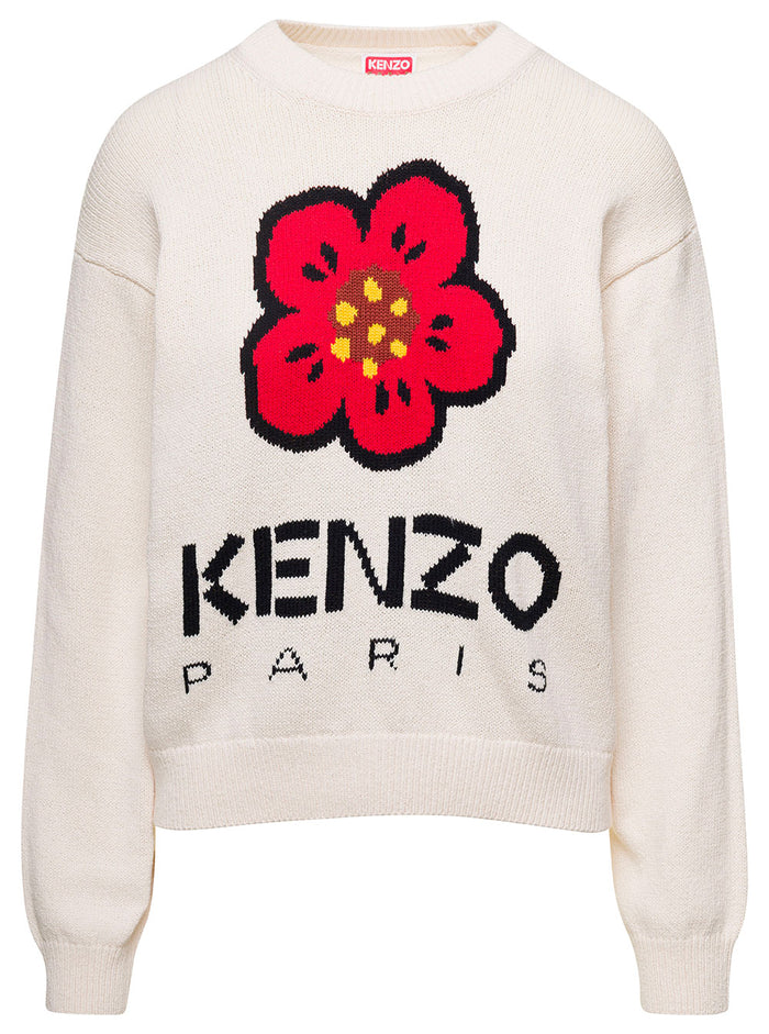 White Crewneck Kint Jumper With Boke Flower And Logo Cototn Blend Woman Cotton Polyester Jersey