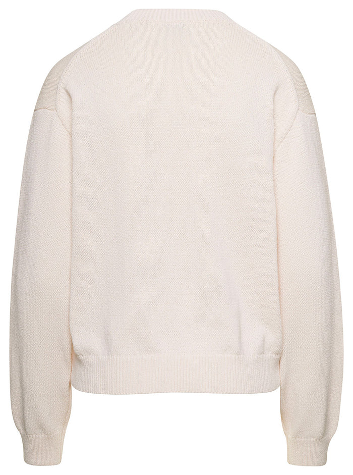 White Crewneck Kint Jumper With Boke Flower And Logo Cototn Blend Woman Cotton Polyester Jersey