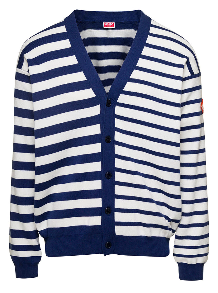 Black And Blue Nautical Striped Cardigan Cotton Man Blu Wool Jersey