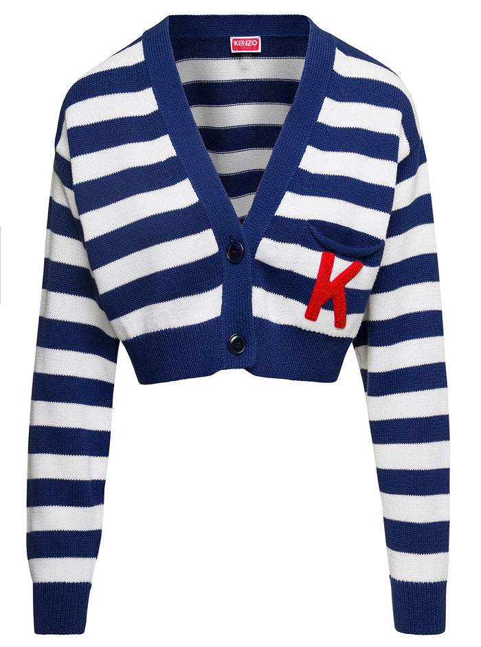 Blue And White Nautical Striped Cropped Cardigan Cotton Woman Blu Jersey