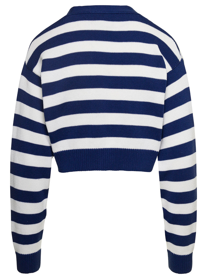 Blue And White Nautical Striped Cropped Cardigan Cotton Woman Blu Jersey