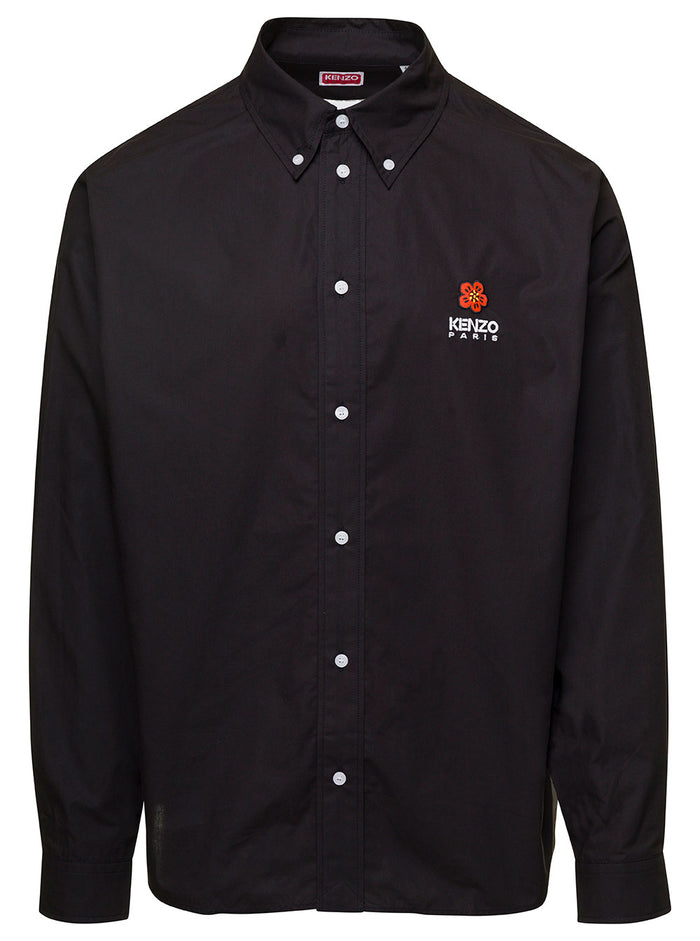 Black Shirt With Boke Flowe Logo On The Chest Cotton Man And Blouses