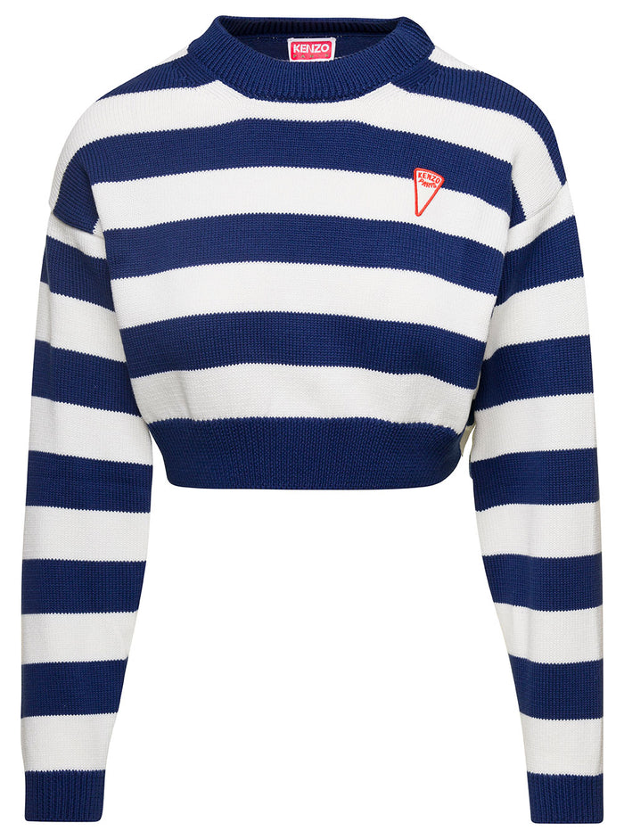 White And Blue Striped Cropped Pull Cotton Woman Blu Jersey