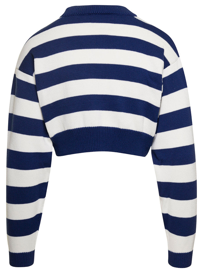 White And Blue Striped Cropped Pull Cotton Woman Blu Jersey