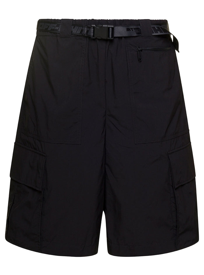 Off White Mans Indust Cargo Bermuda Shorts With Belt Black Polyester Polyamide And