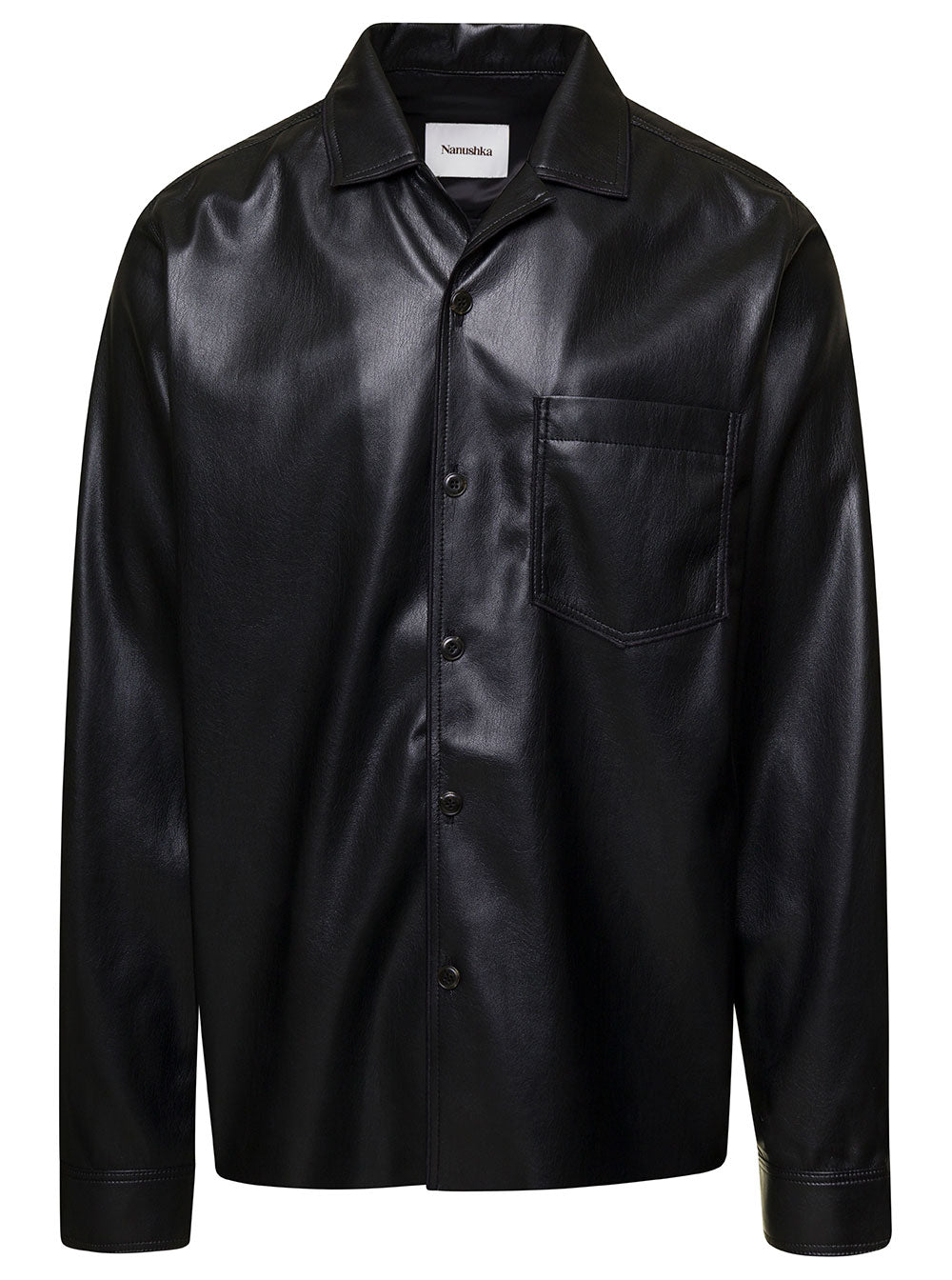 Duco Black Jacket With Cuban Collar Faux Leather Woman Shirts And Blouses