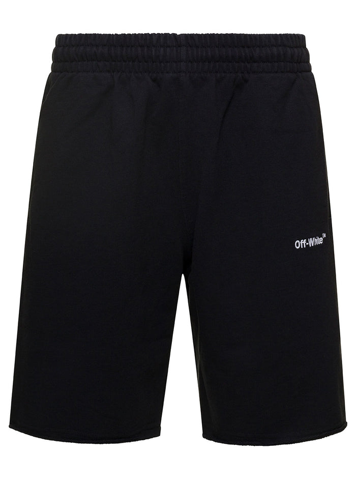 Black Bermuda Shorts With Diag Helvetica Print Cotton Man Trousers