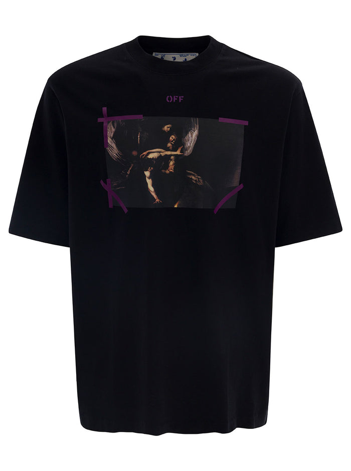 Black T-Shirt With Caravaggio And Arrow Print Cotton Man Tshirts Polo Shirts