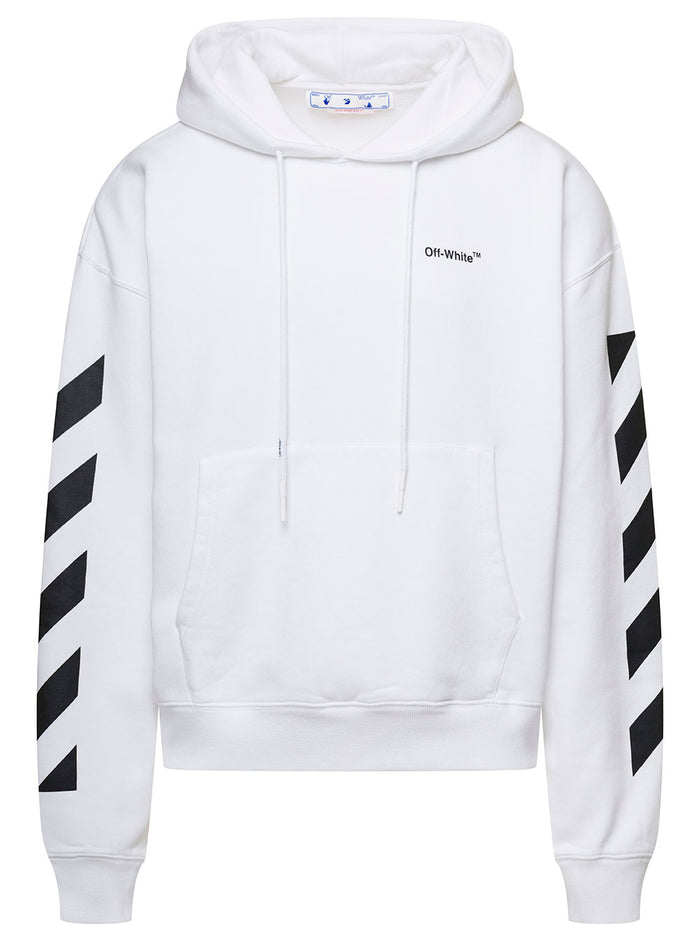 White Hoodie With Diag Print On Sleeve Cotton Man Sweatshirts