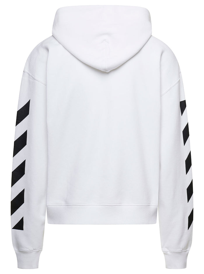 White Hoodie With Diag Print On Sleeve Cotton Man Sweatshirts