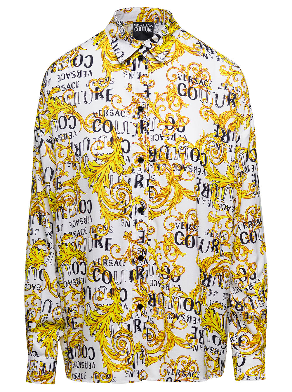 White And Yellow Shirt With Baroque Print Couture Logo All-Over Cotton Woman Blouses