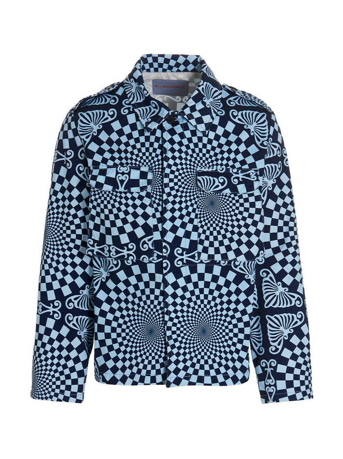 Folk Checkerboard Jacket Blue Cotton Down Jacket, Parka, Casual