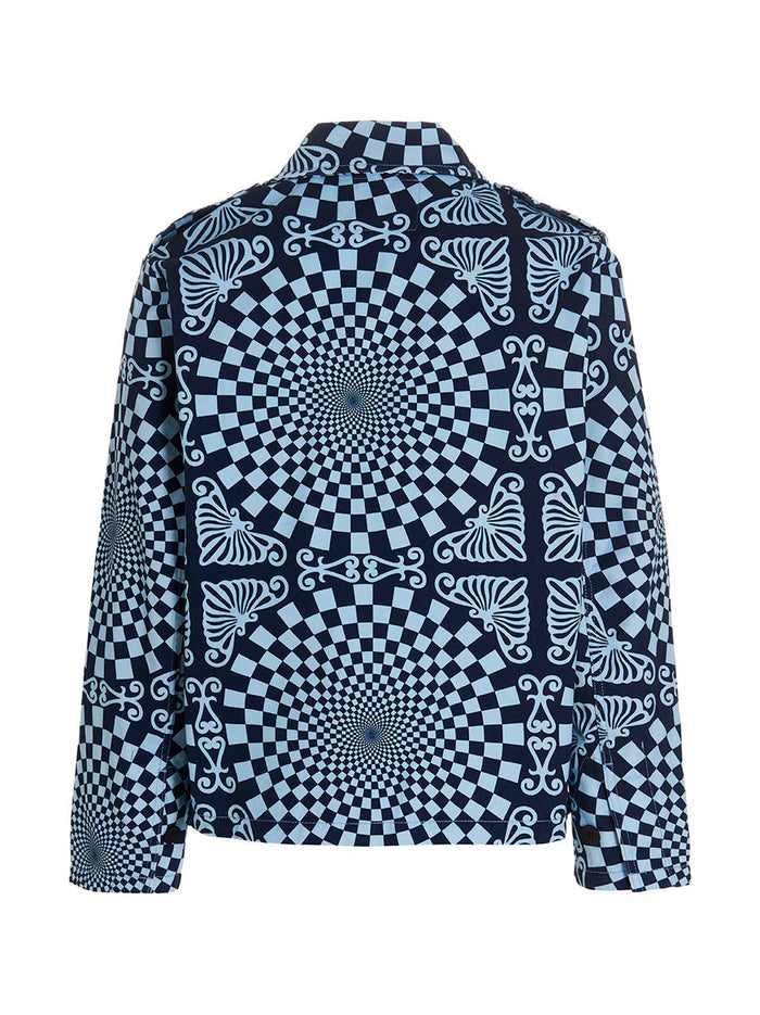Folk Checkerboard Jacket Blue Cotton Down Jacket, Parka, Casual