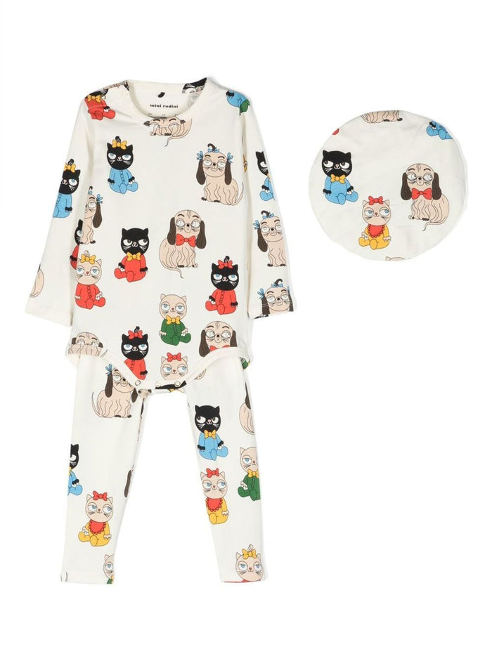 White Onesie And Hat Set With Cartoon Print Stretch Cotton Baby Organic Elastane Suits