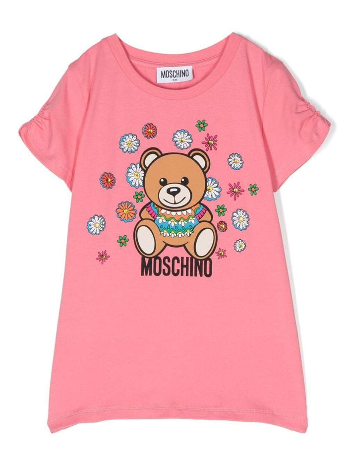 Pink Crewneck T-Shirt With Teddy Bear Print At The Front Stretch Cotton Girl Elastane Tshirts And Polo Shirts