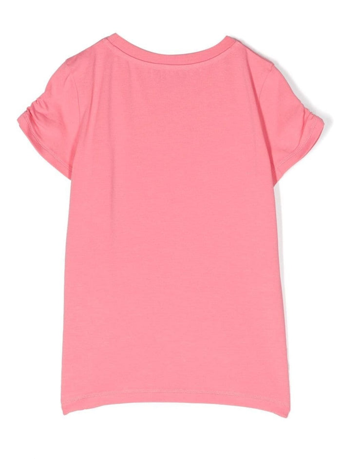Pink Crewneck T-Shirt With Teddy Bear Print At The Front Stretch Cotton Girl Elastane Tshirts And Polo Shirts