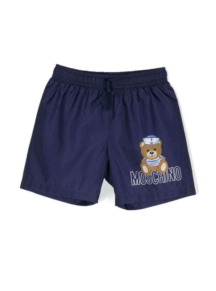 Blue Swim Trunks With Moschino Print And Drawstring Nylon Boy Blu Polyester Beachwear