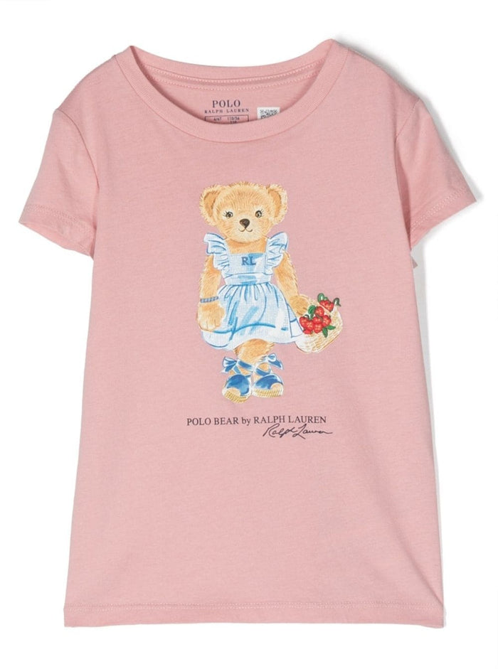 Pink Crewneck T-Shirt With Teddy Bear Print Cotton Girl Tshirts And Polo Shirts