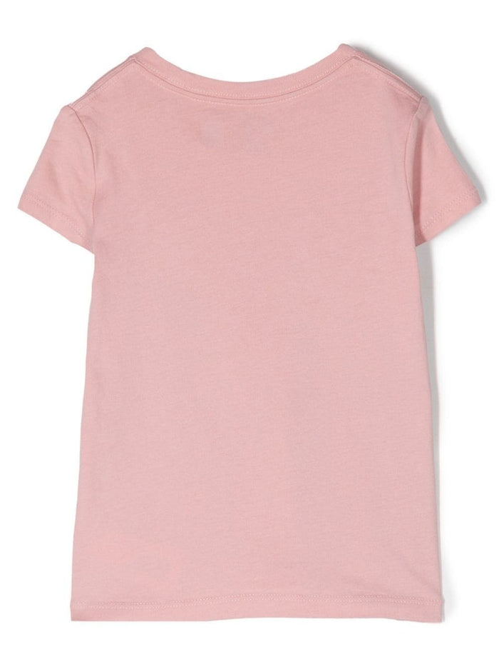 Pink Crewneck T-Shirt With Teddy Bear Print Cotton Girl Tshirts And Polo Shirts