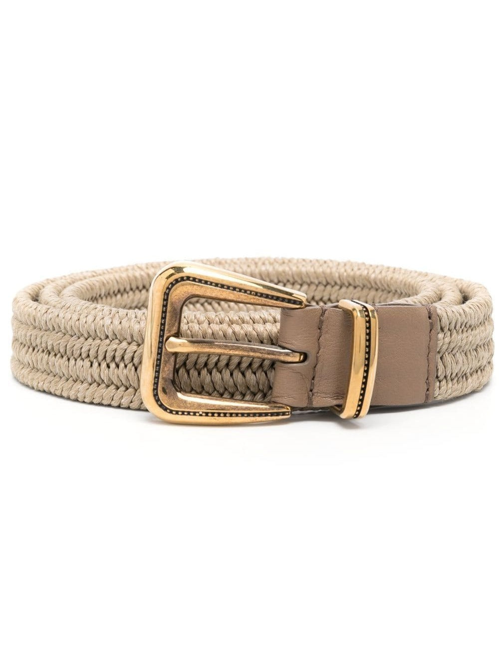 Beige Buckle-Fastening Woven Belt Leather And Linen