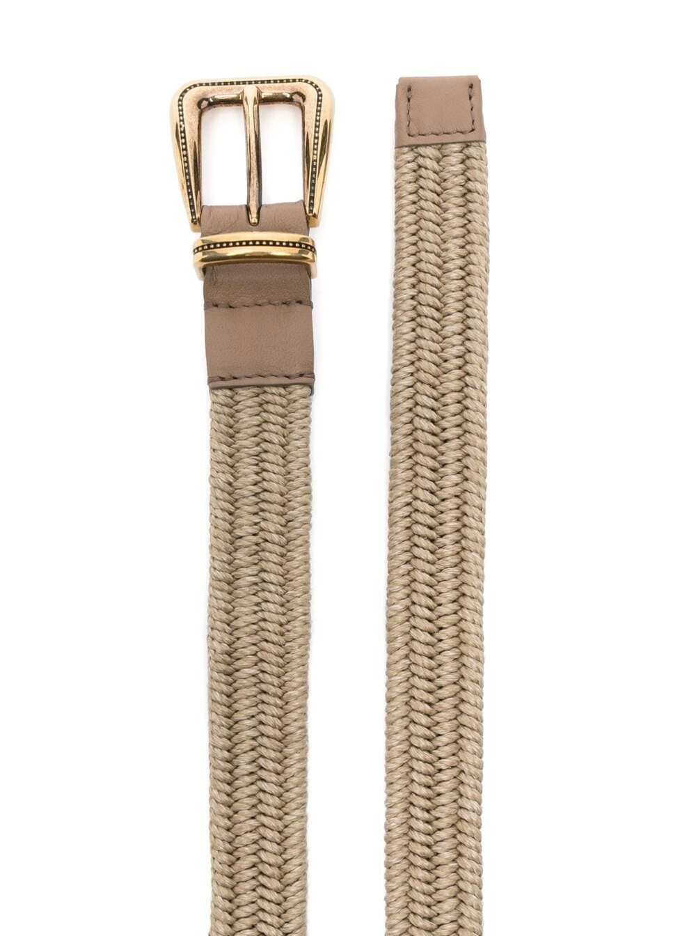 Beige Buckle-Fastening Woven Belt Leather And Linen